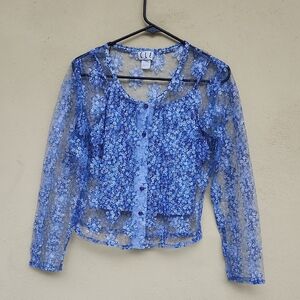 Vintage Y2k Sheer Floral Lace Blouse in Blue